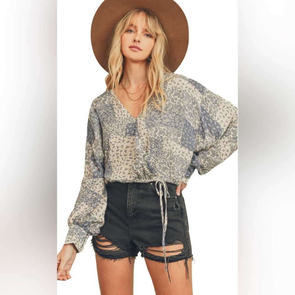 Dress Forum Boho Patchwork Floral Print Blouse Size L Peasant Balloon Sleeve